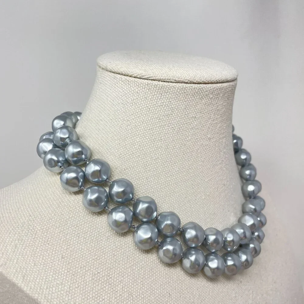 Vintage Marvella Double-Strand Gray Faux Pearl Necklace Gold-Tone‎ Bow Closure